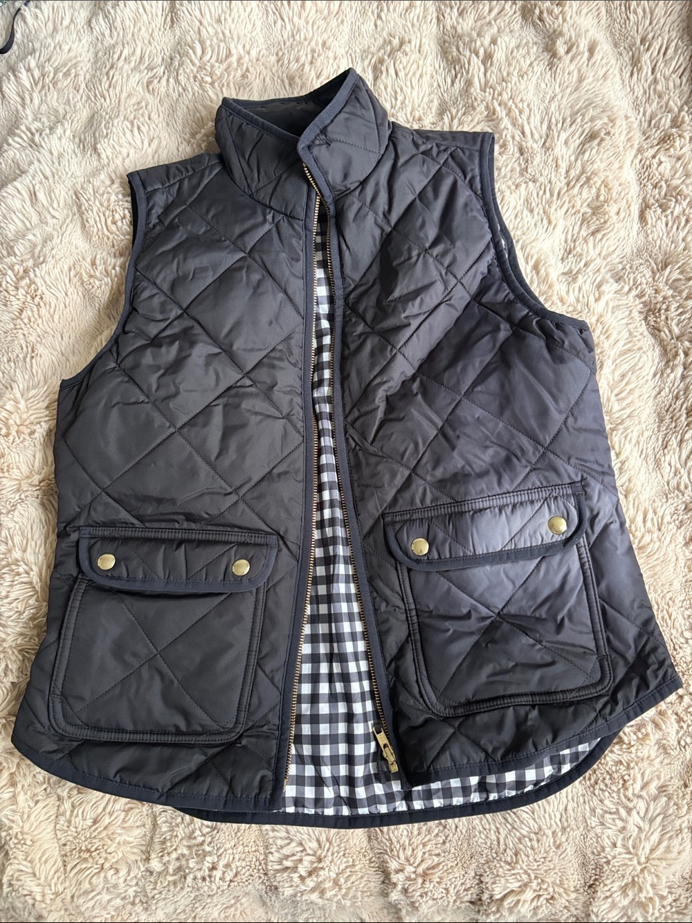 J. Crew Quilted Black Vest with Gingham Lining